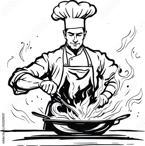 Culinary Artistry  Intense Chef Cooking with Flames - Perfect for Restaurant, Food Service, and Gourmet Designs

