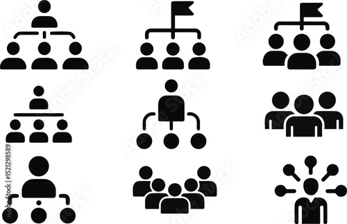 Teamwork and Leadership Icon Set – Business Group, Management, and Organization Vector.