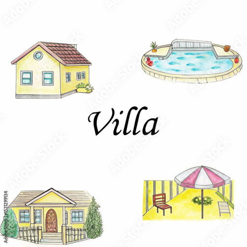 Illustration of a house, swimming pool, patio and parasol