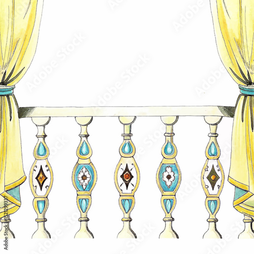 Elegant balcony with ornate details, complemented by delicate curtains, invites to serenity.