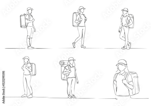 Continuous one line drawing woman go hiking with backpacks, binocular, and hiking gear reading route map. Looking for direction, trekking location. Single line draw design vector illustration
