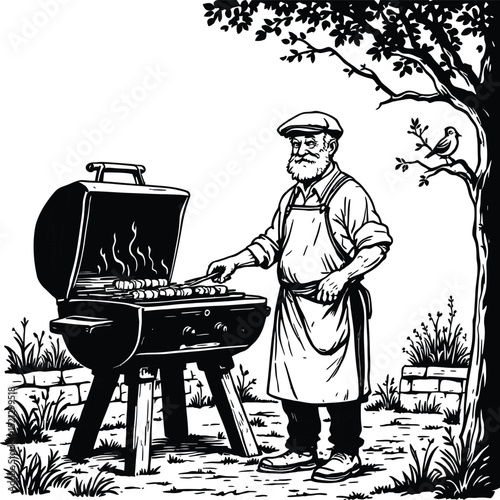 Summertime Grilling Bearded Man at a BBQ - Perfect for Outdoor Cooking, Father's Day, and Leisure Designs

