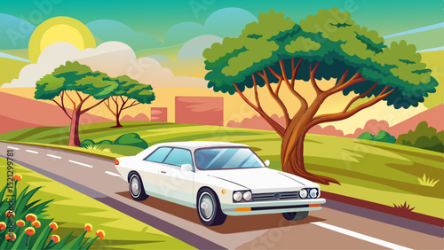 A white car is driving down a road next to a tree. The car is in the foreground and the tree is in the background Very beautiful