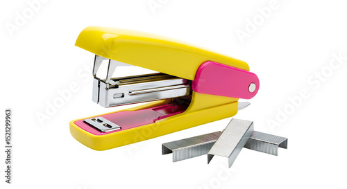 Yellow and pink stapler with silver staples office supply desk organization tool