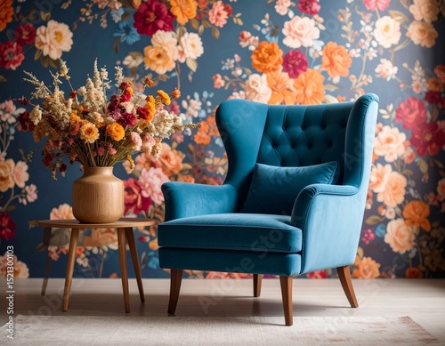 interior design of living room with floral wallpaper