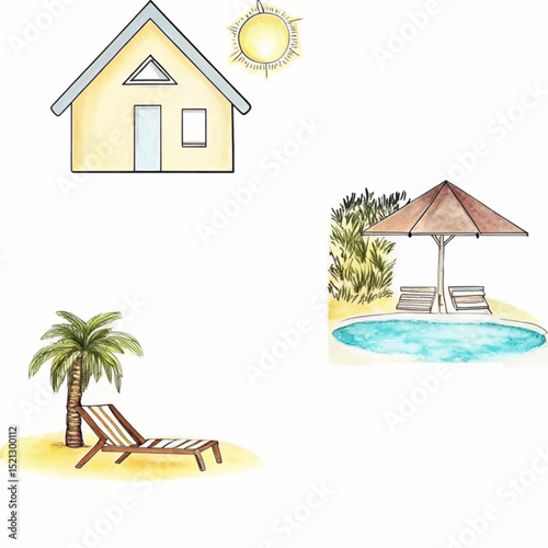A tranquil illustration featuring a serene house, a sun, a lounge chair, a beach umbrella with a pool. 