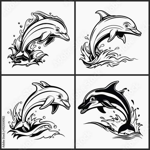Four leaping dolphins in different poses, each surrounded by stylized waves
