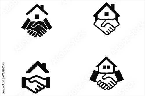 Real Estate Deal Icons: Handshake & House Symbols Vector illustration Set
