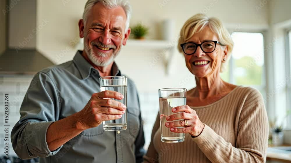 Mature man and woman drinking fresh pure water from glasses in kitchen Happy elderly couple holding glasses with water. Eating habits, water filter advertisement, healthy nutrition, water balance Mature man and woman drinking fresh pure water from glasses in kitchen Happy elderly couple holding glasses with water. Eating habits, water filter advertisement, healthy nutrition, water balance