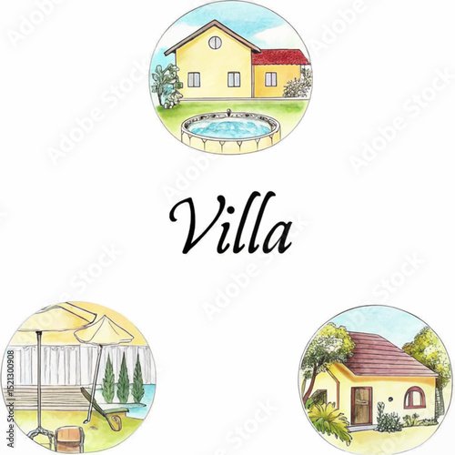 Villa illustration showing three different views of a villa.
