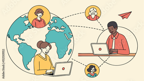 People connecting globally through laptops and video calls with a paper airplane in the background view