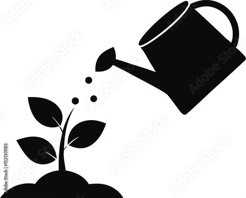 Black and white vector illustration of a watering can nurturing a plant with new leaf growth, symbolizing eco-friendly agriculture
