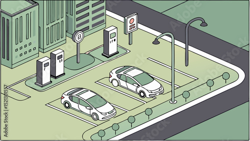 Isometric view of electric vehicle charging station with cars buildings and street lights in a city area