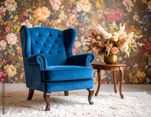 blue chair and floral wallpaper