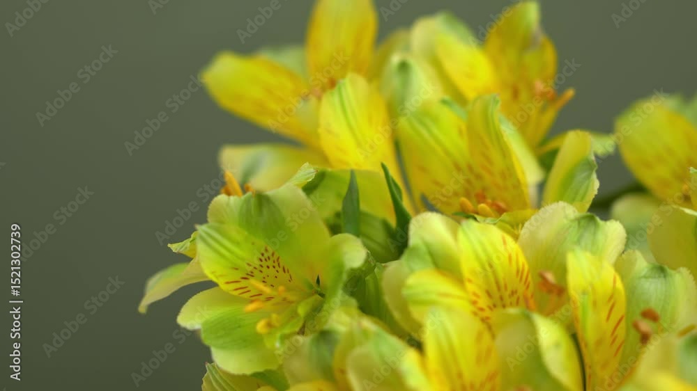 Yellow alstroemeria flowers on green background. Summer. Copy space. Birthday, Mothers Day, Valentines day, March 8, Womens Day.