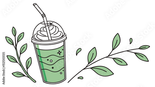 Illustration of a green smoothie with whipped cream and straw next to leafy branches on a white background