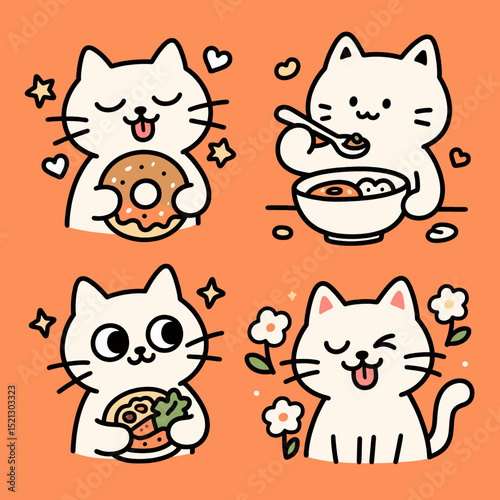 Cute Cartoon Cat Eating Scenes Sticker Set
