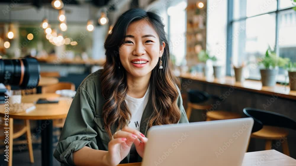 Young attractive Asian woman blogger or vlogger looking at camera and talking about videography with technology. Social media influencers or content maker concept in relaxed casual style at cafe.