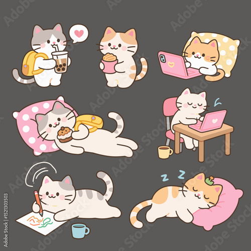 Cute Cartoon Cat Daily Life Scenes Sticker Set
