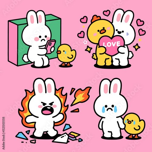 Cute Cartoon Rabbit and Chick Emotion Scenes Sticker Set
