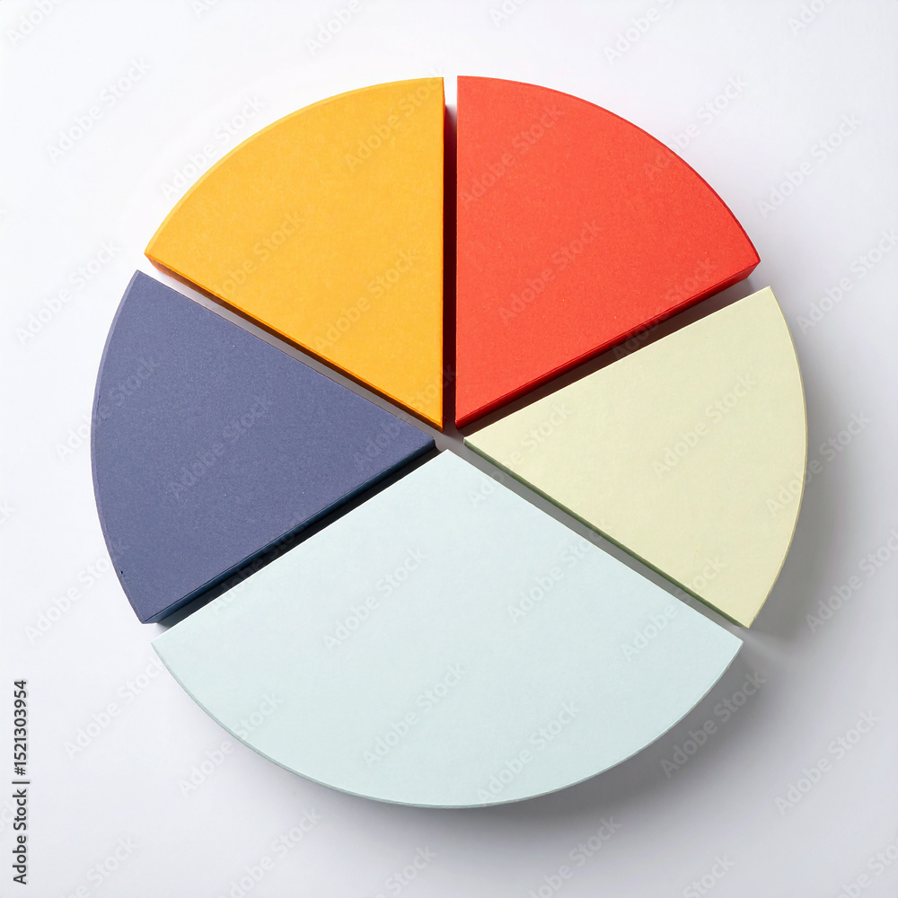 Top view pie chart with 5 segments, perfect for visual data representation and infographic use. Top view pie chart with 5 segments, perfect for visual data representation and infographic use.