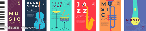 Jazz and classical music festival poster set. Musical instruments saxophone, trumpet and piano. Minimal colorful flat vector prints. Summer classic concerts, party flyers or festive event invitations.