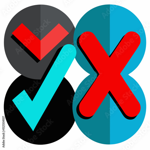 Abstract graphic illustration featuring check marks and crosses in contrasting colors and circular shapes representing choices decisions or evaluation processes with a modern design