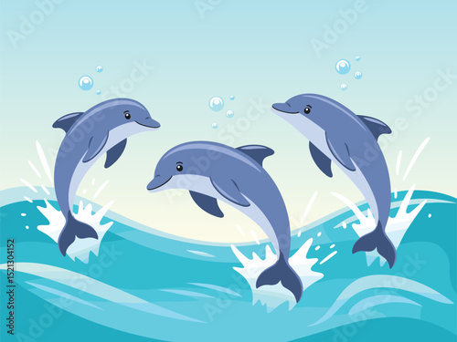 Three Cartoon Dolphins Leaping and Playing in the Ocean Waves Vector Illustration