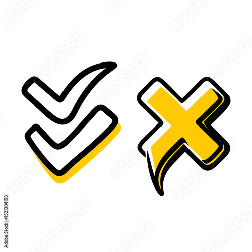 Hand Drawn Check Mark and Cross Mark in Yellow Color on Black Background Symbolizing Approval and Rejection Representing Choice Decision and Evaluation in a Simple