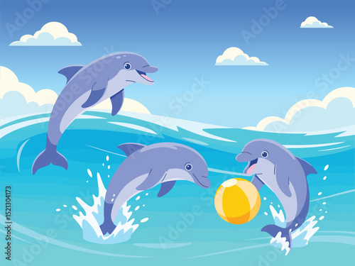 Playful Dolphins Jumping and Playing with Ball in Ocean Cartoon Vector Illustration