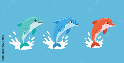Adorable Cartoon Dolphins Jumping Vector Illustration Set