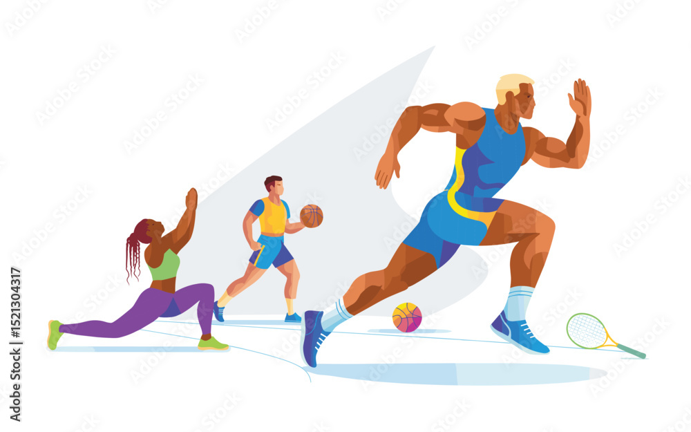 Obraz premium Dynamic Vector Illustrations of Athletes in Action Runner, Basketball Player, and Fitness Enthusiast