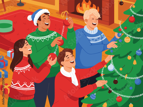 Joyful Friends Decorating Christmas Tree A Festive Vector Illustration