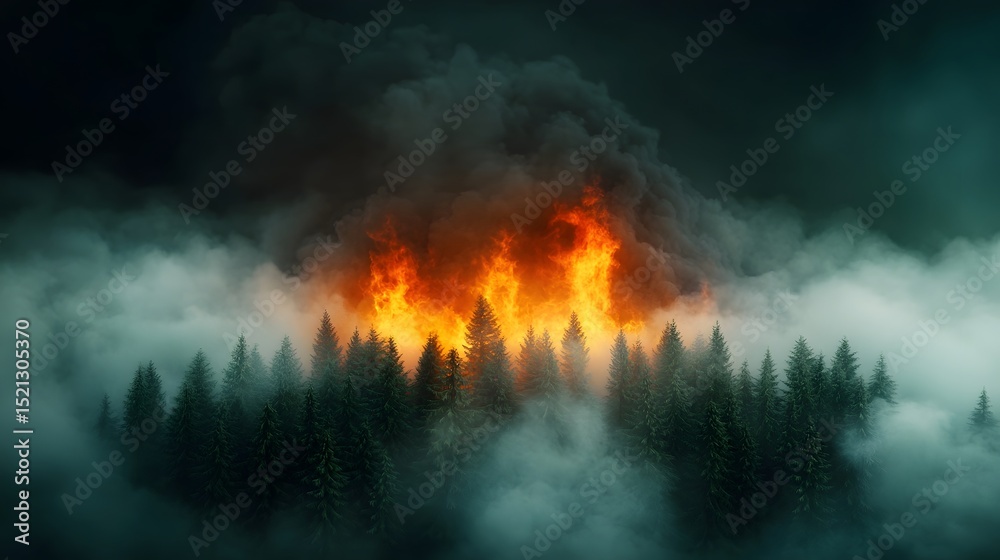 Fototapeta premium Raging wildfire engulfs a remote forest at night