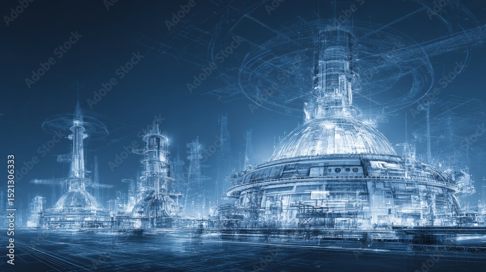 Fototapeta premium Futuristic blueprints of technical CCS facilities for innovative design and architecture projects.