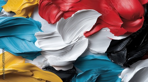 Abstract close-up of thick, colorful paint strokes in red, blue, white, black, and yellow blending together with texture and depth.