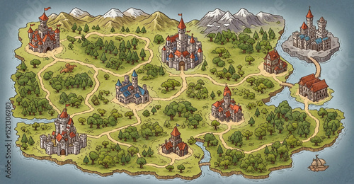 Fantasy World Map with Medieval Castles and Winding Roads | Hand-Drawn Illustration for Game Design, Storytelling, and Cartography Projects