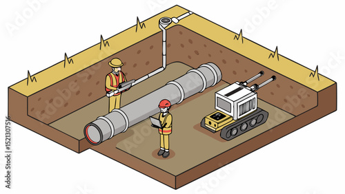 Isometric view showing workers inspecting underground pipe system with a robotic crawler in a trench