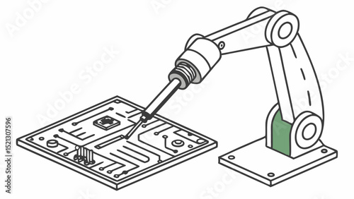 Robotic arm soldering components onto a circuit board with precision and automation in manufacturing process
