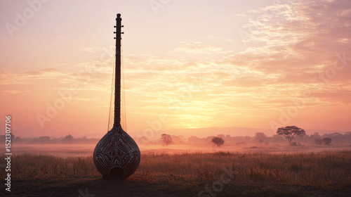 A traditional West African kora with a decorated gourd resonator stands upright in a misty open field during sunrise, silhouetted against a glowing sky — ai generative.