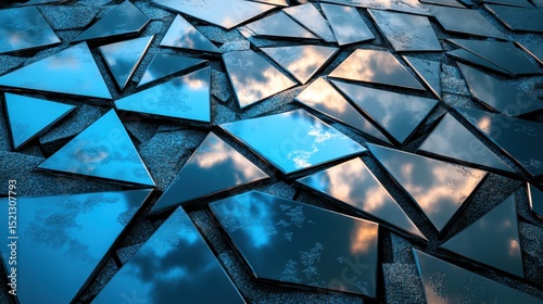 Abstract pattern of broken reflective glass shards showing cloudy sky and sunlight, creating a modern and artistic visual effect.