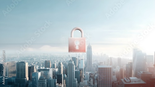 City Skyline with Lock Icon Overlay, Surveillance and Privacy in Governance Concept, Urban Cybersecurity, Data Protection in Smart Cities, Digital Rights, Public Safety Technology Visual