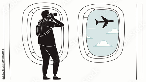 A man with a backpack taking a picture of an airplane through an airplane window during the daytime