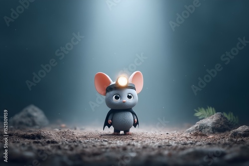 Adorable 3D Render of Mouse Adventurer with Headlamp Exploring Dark Cave, Whimsical Exploration Scene, Fantasy Creature Design, Adventure Concept, Cute Character Visual, Storybook Aesthetic