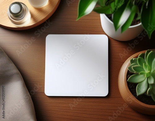 coaster mockup white blank coaster mockup in a table with beautiful plants