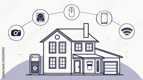 Illustration of a house connected to various smart devices and technologies in a modern style