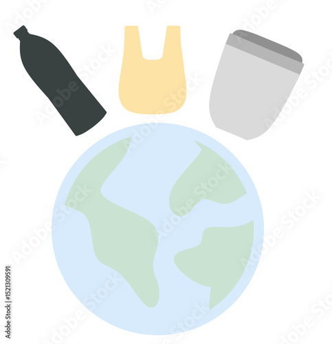 Flat illustration of Earth overwhelmed by plastic waste. Environmental awareness design highlighting pollution and the impact of human consumption.