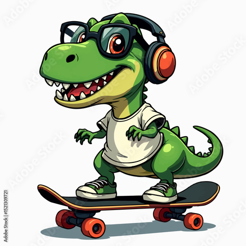 Vector drawing for children t-shirt. 
Cute teenager green dinosaur boy with headphones, glasses
on skateboard isolated
on white background. Design for fabric, 
kids clothing. 