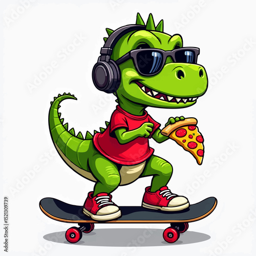 Vector drawing for children t-shirt. 
Cute teenager green dinosaur boy with headphones,
glasses, piece of pizza on skateboard 
on white background. Design for fabric, 
kids clothing.