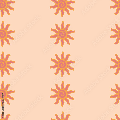 Abstract summer background with hand drawn sun sign. Vintage vector seamless pattern. Retro repeat ornament wallpaper. Nostalgic colored fashion allover print